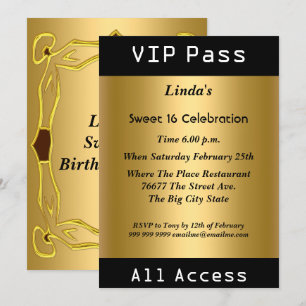 VIP pass Sweet 16 Birthday Party Gold Kaart