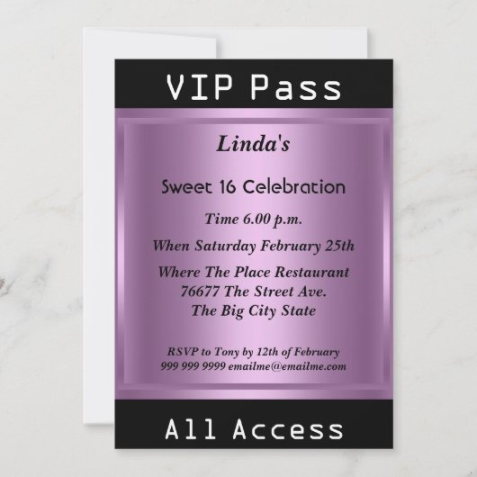 VIP pass Sweet 16 Birthday Party Paars Kaart (Voorkant)