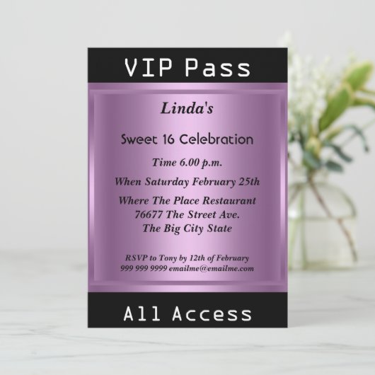 VIP pass Sweet 16 Birthday Party Paars Kaart (Staand voorkant)