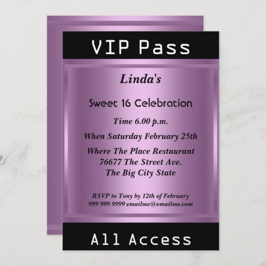 VIP pass Sweet 16 Birthday Party Paars Kaart (Voorkant / Achterkant)