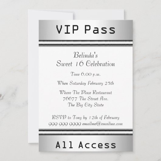 VIP pass Sweet 16 Birthday Party White Kaart (Voorkant)