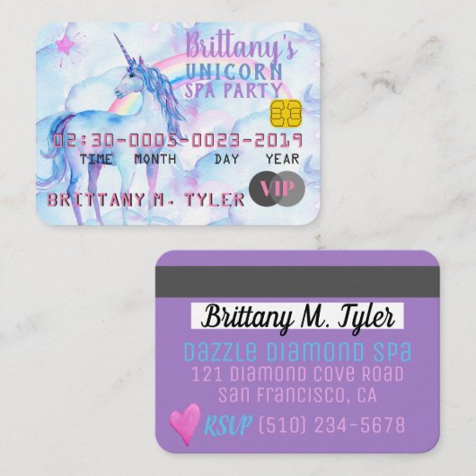 VIP Rainbow Unicorn Spa Party-uitnodigingen Informatiekaartje (Voorkant / Achterkant)