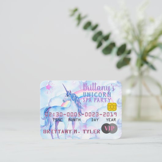 VIP Rainbow Unicorn Spa Party-uitnodigingen Informatiekaartje (Staand voorkant)