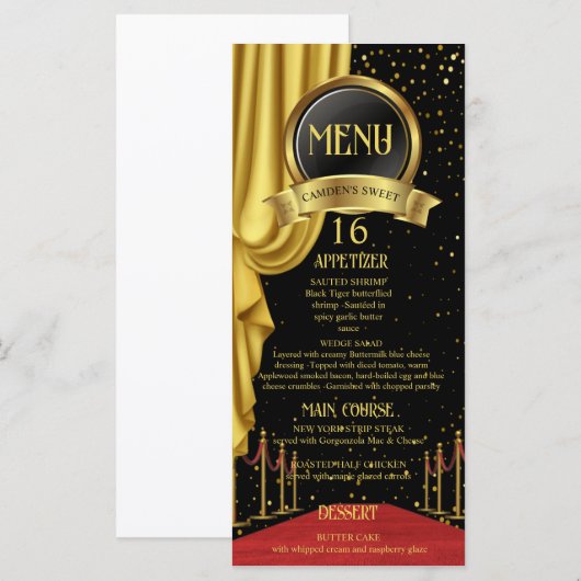 VIP, Red Carpet Birthday, Hollywood Birthday Menu (Voorkant / Achterkant)