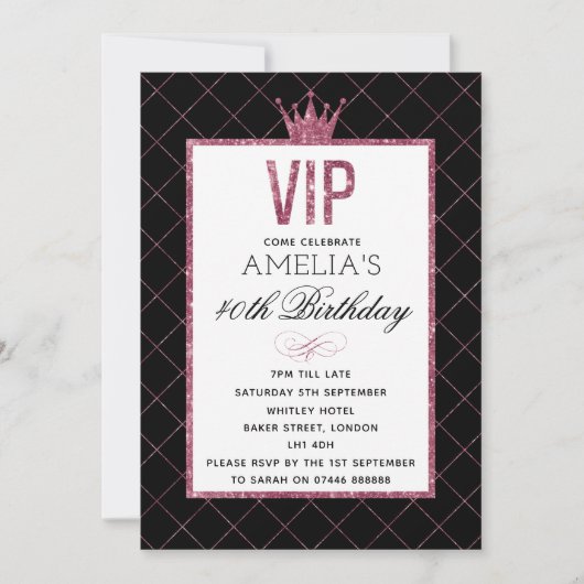 VIP Roze en Zwarte Glitter Birthday nodigt uit Kaart (Voorkant)