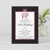 VIP Roze en Zwarte Glitter Birthday nodigt uit Kaart (Staand voorkant)