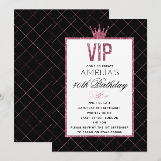 VIP Roze en Zwarte Glitter Birthday nodigt uit Kaart (Voorkant / Achterkant)