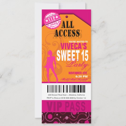 VIP Sweet 15, Oranje, Roze en Fuschia Kaart (Voorkant)
