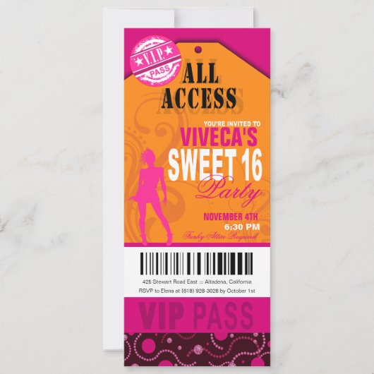 VIP Sweet 16, Oranje, Roze en Fuschia Kaart (Voorkant)