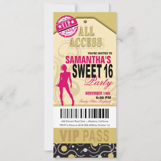 VIP Sweet 16 Ticket (fuschia khaki) Kaart (Voorkant)