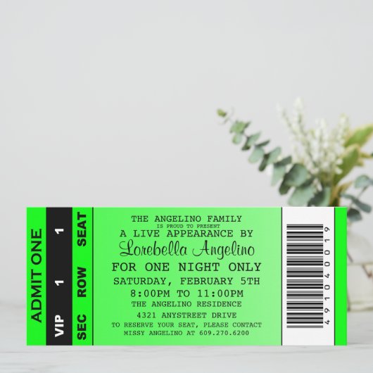 VIP Ticket Birthday (Groene) Uitnodiging (Staand voorkant)