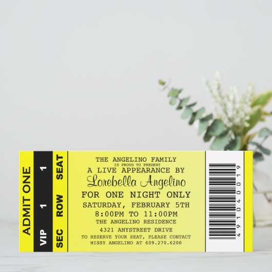 VIP Ticket Birthday Invitation (geel) Kaart (Staand voorkant)