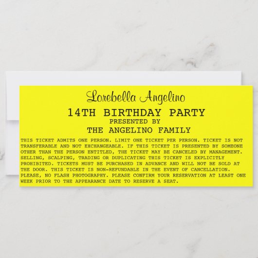 VIP Ticket Birthday Invitation (geel) Kaart (Achterkant)