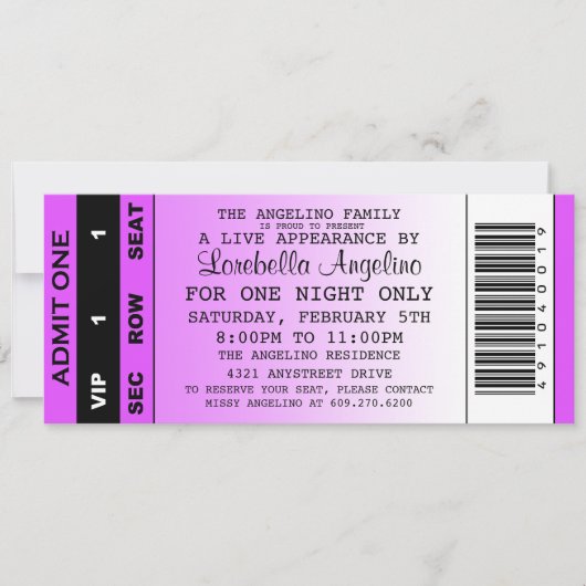 VIP Ticket Birthday Invitation (Paars) Kaart (Voorkant)