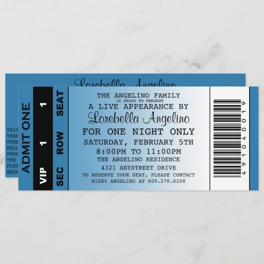 VIP Ticket Birthday Uitnodiging (blauw) (Voorkant / Achterkant)