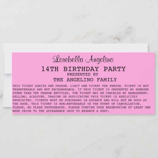 VIP Ticket Birthday-uitnodiging (lichtroze) Kaart (Achterkant)