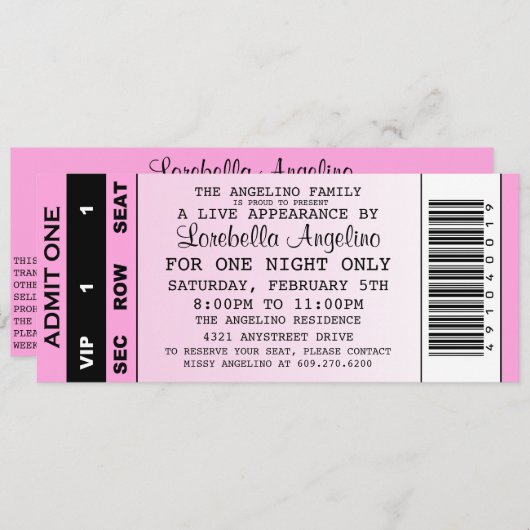 VIP Ticket Birthday-uitnodiging (lichtroze) Kaart (Voorkant / Achterkant)