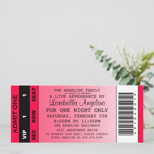 VIP Ticket Birthday-uitnodiging (warm roze) Kaart (Staand voorkant)