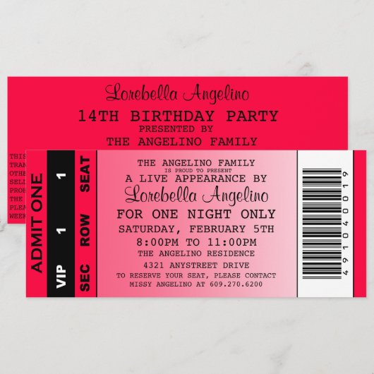 VIP Ticket Birthday-uitnodiging (warm roze) Kaart (Voorkant / Achterkant)