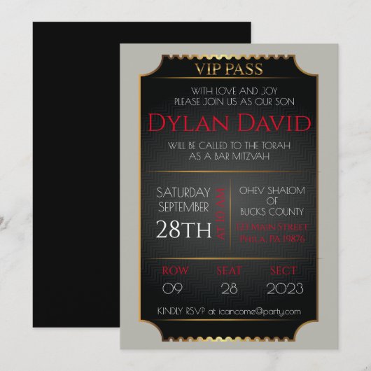 VIP-TICKET in zwart-wit en goudvlek Mitzvah Kaart (Voorkant / Achterkant)