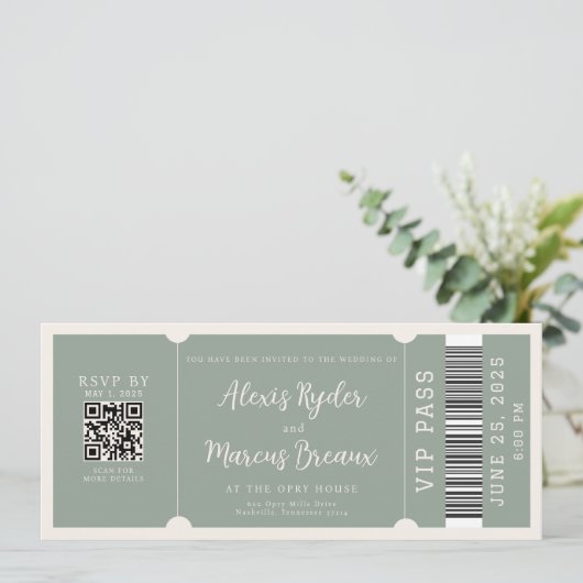 VIP Ticket Trendy Sage bruiloft uitnodiging (Staand voorkant)