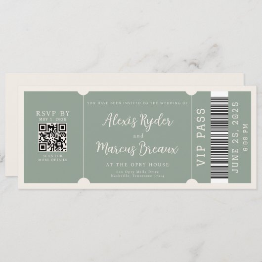 VIP Ticket Trendy Sage bruiloft uitnodiging (Voorkant / Achterkant)
