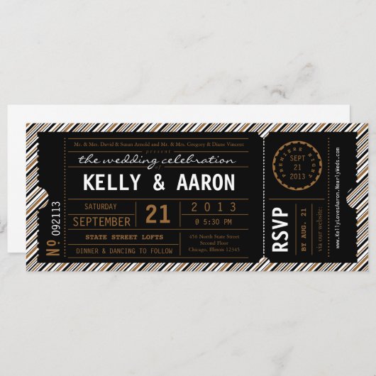 ViP Ticket Wedding Invitation in Black en Brown Kaart (Voorkant / Achterkant)