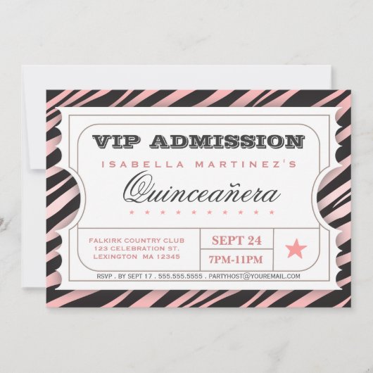 VIP Ticket Zebra Glam Quinceanera Birthday Party Kaart (Voorkant)