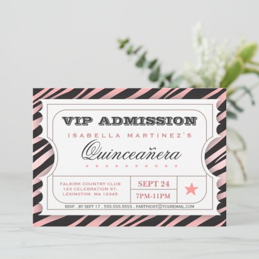 VIP Ticket Zebra Glam Quinceanera Birthday Party Kaart (Staand voorkant)