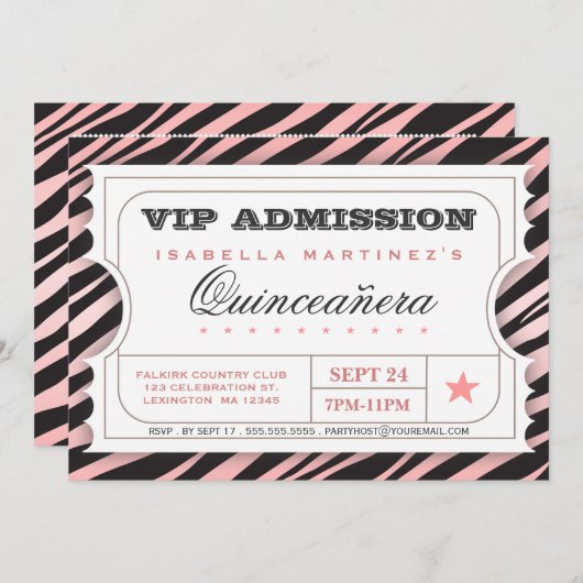 VIP Ticket Zebra Glam Quinceanera Birthday Party Kaart (Voorkant / Achterkant)