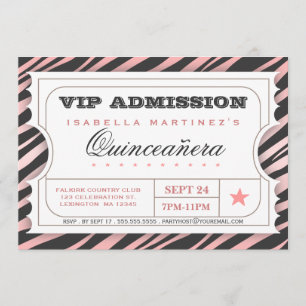 VIP Ticket Zebra Glam Quinceanera Birthday Party Kaart