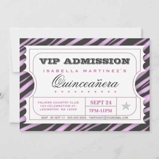 VIP Ticket Zebra Glam Quinceanera Birthday Party Kaart (Voorkant)