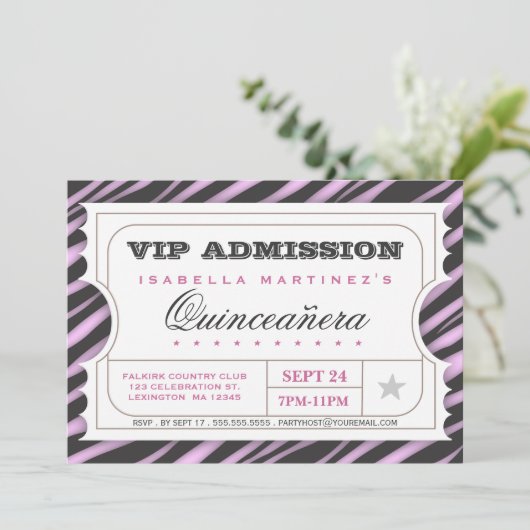 VIP Ticket Zebra Glam Quinceanera Birthday Party Kaart (Staand voorkant)