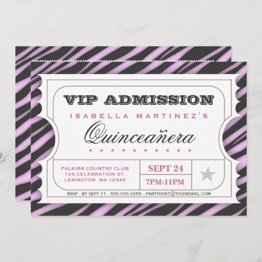 VIP Ticket Zebra Glam Quinceanera Birthday Party Kaart (Voorkant / Achterkant)