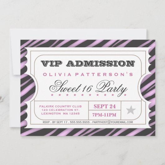 VIP Ticket Zebra Glam Sweet 16 Birthday Party Kaart (Voorkant)