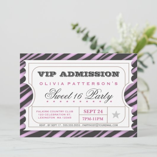VIP Ticket Zebra Glam Sweet 16 Birthday Party Kaart (Staand voorkant)