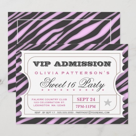 VIP Ticket Zebra Glam Sweet 16 Birthday Party Kaart (Voorkant / Achterkant)