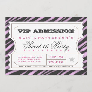 VIP Ticket Zebra Glam Sweet 16 Birthday Party Kaart