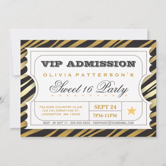 VIP Ticket Zebra Glam Sweet 16 Birthday Party Kaart (Voorkant)