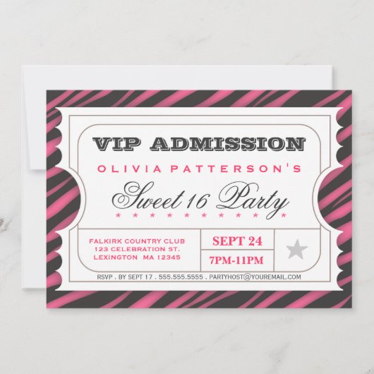 VIP Ticket Zebra Glam Sweet 16 Birthday Party Kaart (Voorkant)