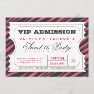 VIP Ticket Zebra Glam Sweet 16 Birthday Party Kaart
