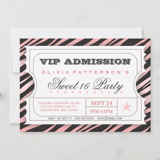 VIP Ticket Zebra Glam Sweet 16 Birthday Party Pink Kaart (Voorkant)