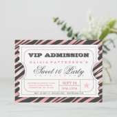 VIP Ticket Zebra Glam Sweet 16 Birthday Party Pink Kaart (Staand voorkant)