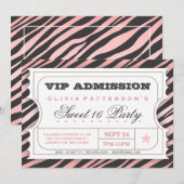 VIP Ticket Zebra Glam Sweet 16 Birthday Party Pink Kaart (Voorkant / Achterkant)