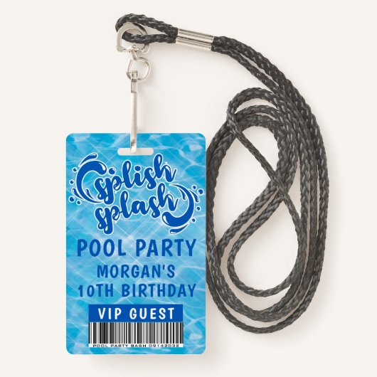 VIP-uitnodiging Splish Pool Party Badge (Voorkant met draagriem)