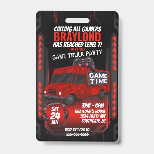 VIP-uitnodiging voor Red Game Truck Birthday Party Badge (Front)