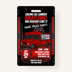 VIP-uitnodiging voor Red Game Truck Birthday Party Badge