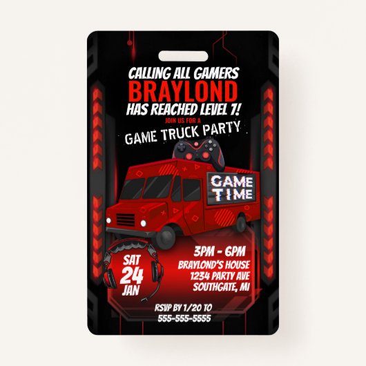 VIP-uitnodiging voor Red Game Truck Birthday Party Badge (Voorkant)