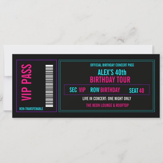VIP Verjaardagsconcert Ticket Uitnodiging | Neon (Voorkant)