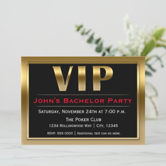 VIP zwart & goud luxe feest uitnodiging (Staand voorkant)